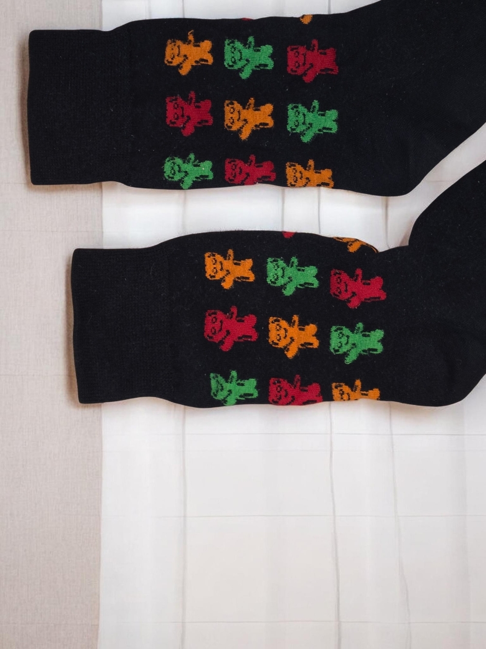 Black Kid's Gummy Bear Crew Socks with Red, Green & Orange Bear Pattern